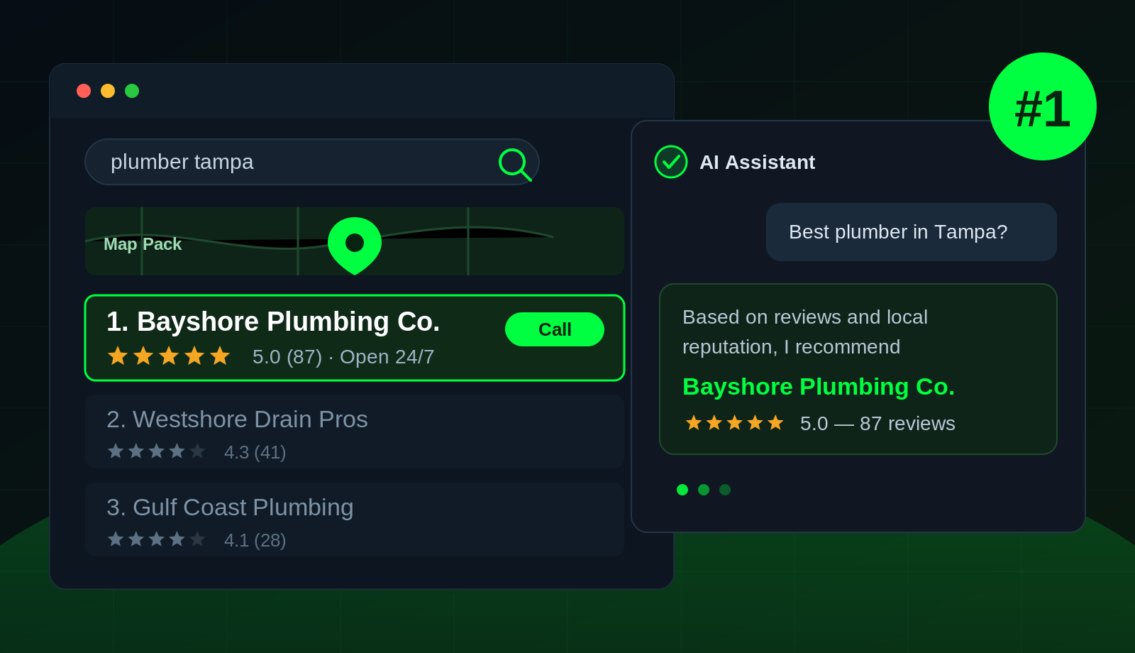 Local business ranked #1 in the Google Map Pack with 5.0 stars and recommended by name in an AI assistant answer